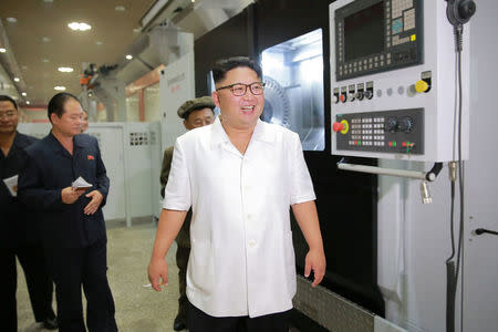 North Korean leader Kim Jong-Un inspects the January 18 General Machine Plant in Pyongyang. KCNA/via REUTERS