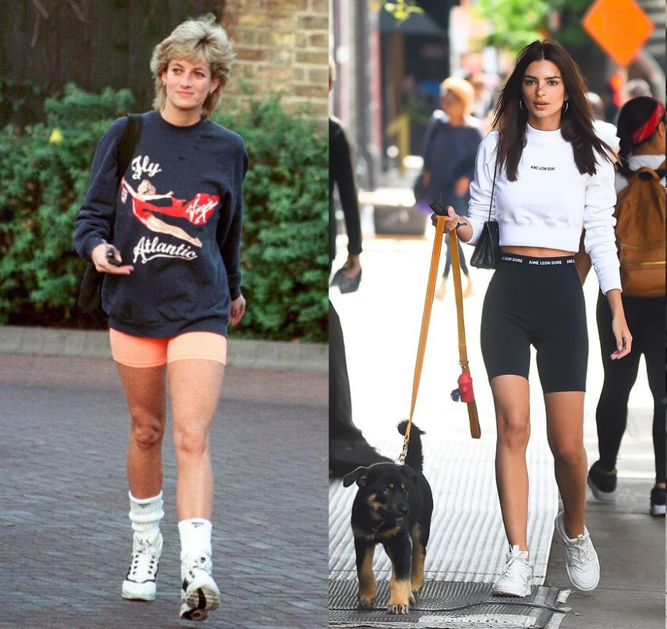 <p>Bike shorts are back with a vengeance and nothing makes that more clear than Emily Ratajkowski's nod to Princess Diana's casual workout outfit in 1995. The model mimicked Diana's look, pairing a cropped sweatshirt with black spandex and white sneakers to walk her dog in New York City in 2019. </p>