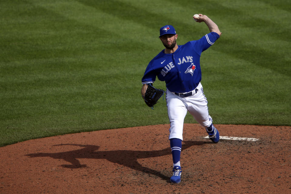 Toronto Blue Jays relief pitcher Tim Mayza (58) throws during the sixth inning of a baseball game against the Houston Astros in Buffalo, N.Y., Saturday, June 5, 2021. (AP Photo/Joshua Bessex)