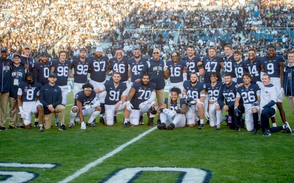 Penn State football coach James Franklin stands with the seniors before the game against Michigan State on Saturday, Nov. 26, 2022.