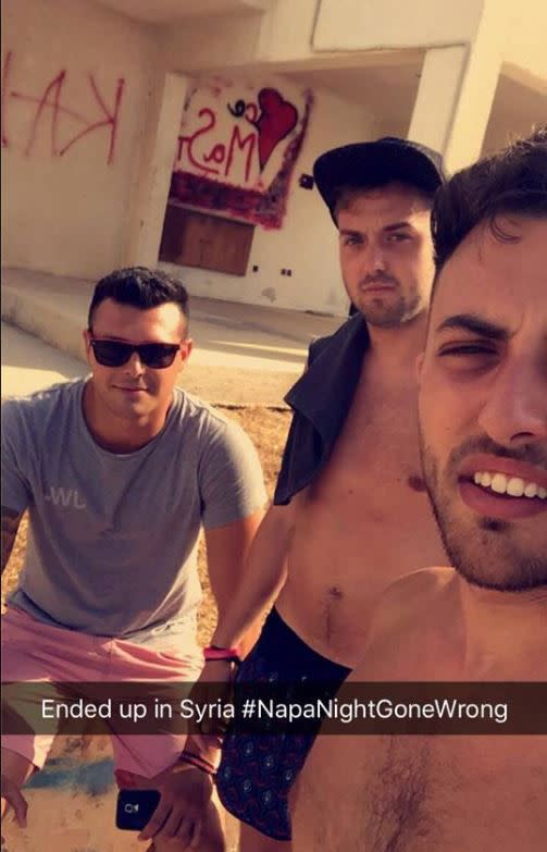 Three British men have spoken out about the misadventure of a lifetime when they went for a boys night out in Cyrus and ended up in war-torn Syria the next morning. Source: Facebook/ Lewis Ellis.