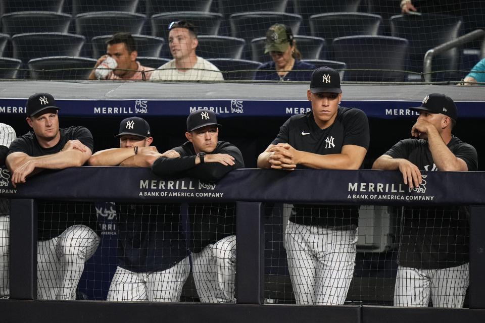 New York Yankees' Aaron Judge, second from right, watches with teammates during the ninth inning of a baseball game against the Baltimore Orioles, Thursday, July 6, 2023, in New York. (AP Photo/Frank Franklin II)