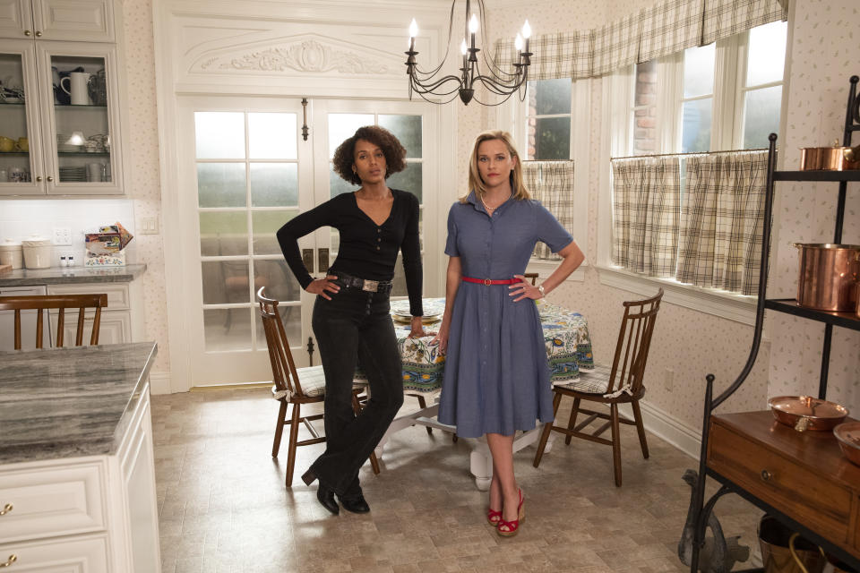 Mia Warren (Kerry Washington) and Elena Richardson (Reese Witherspoon), shown in Little Fires Everywhere. (Photo by: Erin Simkin/Hulu)