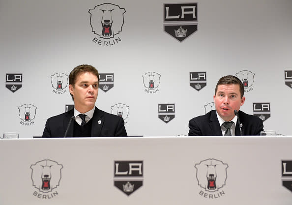 BERLIN, GERMANY - FEBRUARY 20: President of Business Operations of the LA Kings Luc Robitaille and Chief Operating Officer of the LA Kings and AEG Sports Kelly Cheeseman during the press conference on february 20, 2017 in Berlin, Germany. (Photo by Florian Pohl/City-Press via Getty Images)