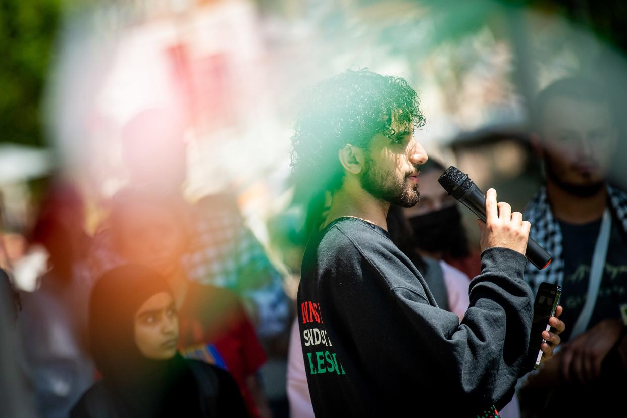 Hamzah Saleh speaks during a Vigil for Palestine near the Pedestrian Walkway on the University of Tennessee's campus May 1.