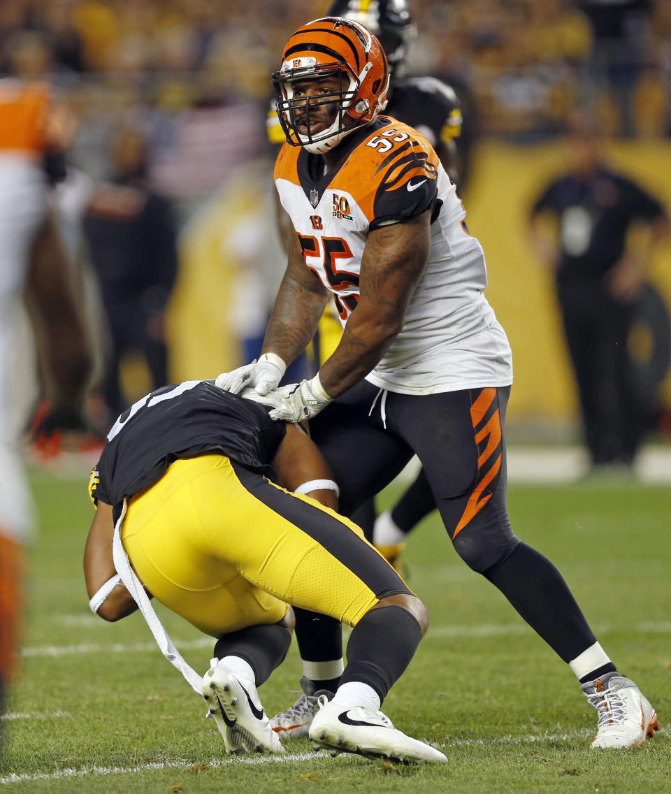 FILE - In this Oct. 22, 2017, file photo, Cincinnati Bengals outside linebacker Vontaze Burfict (55) shoves Pittsburgh Steelers tight end Xavier Grimble (85) to the ground as he attempts to get up after catching a pass during the second half of an NFL football game, in Pittsburgh. The Bengals had two 15-yard penalties that helped the Steelers win a playoff game at Paul Brown Stadium in the 2015 season. They set a club record with 173 yards in penalties as Pittsburgh rallied to pull another one out last December. The theme for this week: Keep cool when the Steelers come to town again. (AP Photo/Keith Srakocic, File)