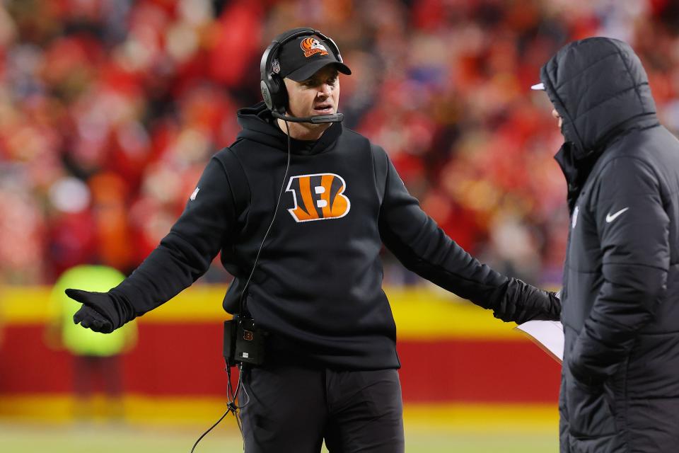 KANSAS CITY, MISSOURI - JANUARY 29: Head coach Zac Taylor of the Cincinnati Bengals reacts during the second half against the Kansas City Chiefs in the AFC Championship Game at GEHA Field at Arrowhead Stadium on January 29, 2023 in Kansas City, Missouri. (Photo by Kevin C. Cox/Getty Images)
