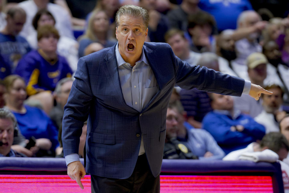 Kentucky head coach John Calipari reacts during the second half of the team's NCAA college basketball game against LSU in Baton Rouge, La., Wednesday, Feb. 21, 2024. (AP Photo/Matthew Hinton)