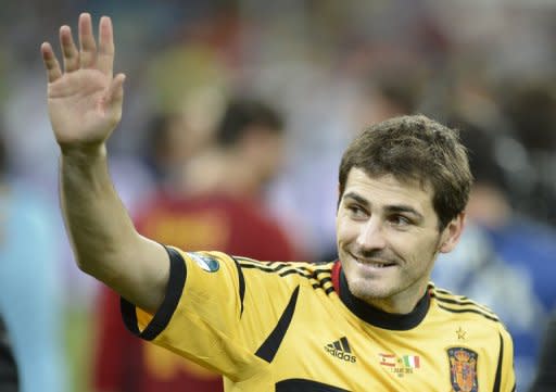 Spanish goalkeeper Iker Casillas celebrates after the Euro 2012 football championships final match Spain vs Italy at the Olympic Stadium in Kiev. Spain won 4-0