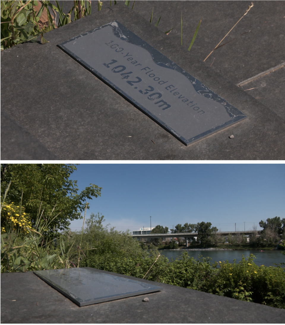 Connor O'Donovan/The Weather Network: This marker along the Bow River shows flood levels reached in 2013