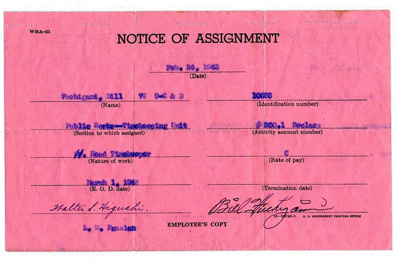 Bill Fuchigami's work assignment document from the Granada War Relocation Center. Fuchigami worked in the Public Works Department.