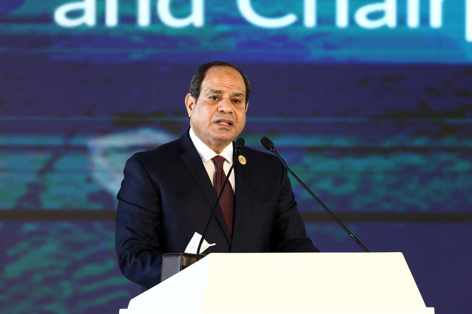 ASWAN, Dec. 11, 2019 -- Egyptian President Abdel Fattah al-Sisi addresses the Aswan Forum for Sustainable Peace and Development in Aswan, Egypt, Dec. 11, 2019. Aswan Forum for Sustainable Peace and Development kicked off on Wednesday in the upper Egyptian city of Aswan.    The two-day Aswan forum will focus on post-conflict reconstruction, education, climate change and sustainable development in Africa. (Photo by Ahmed Gomaa/Xinhua via Getty) (Xinhua/ via Getty Images)