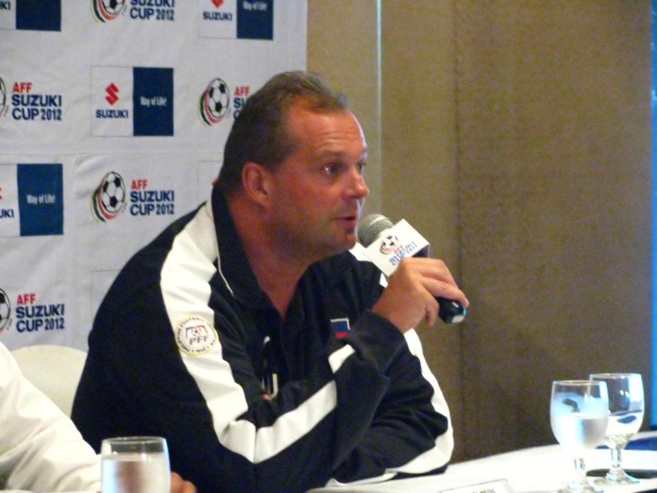 Azkals coach Hans Michael Weiss speaks at the press conference/send-off dinner. (Photo by Sid Ventura