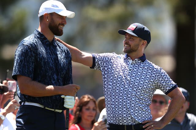 <p>Jed Jacobsohn/Getty Images</p> Travis Kelce and Justin Timberlake in Lake Tahoe in July 2020