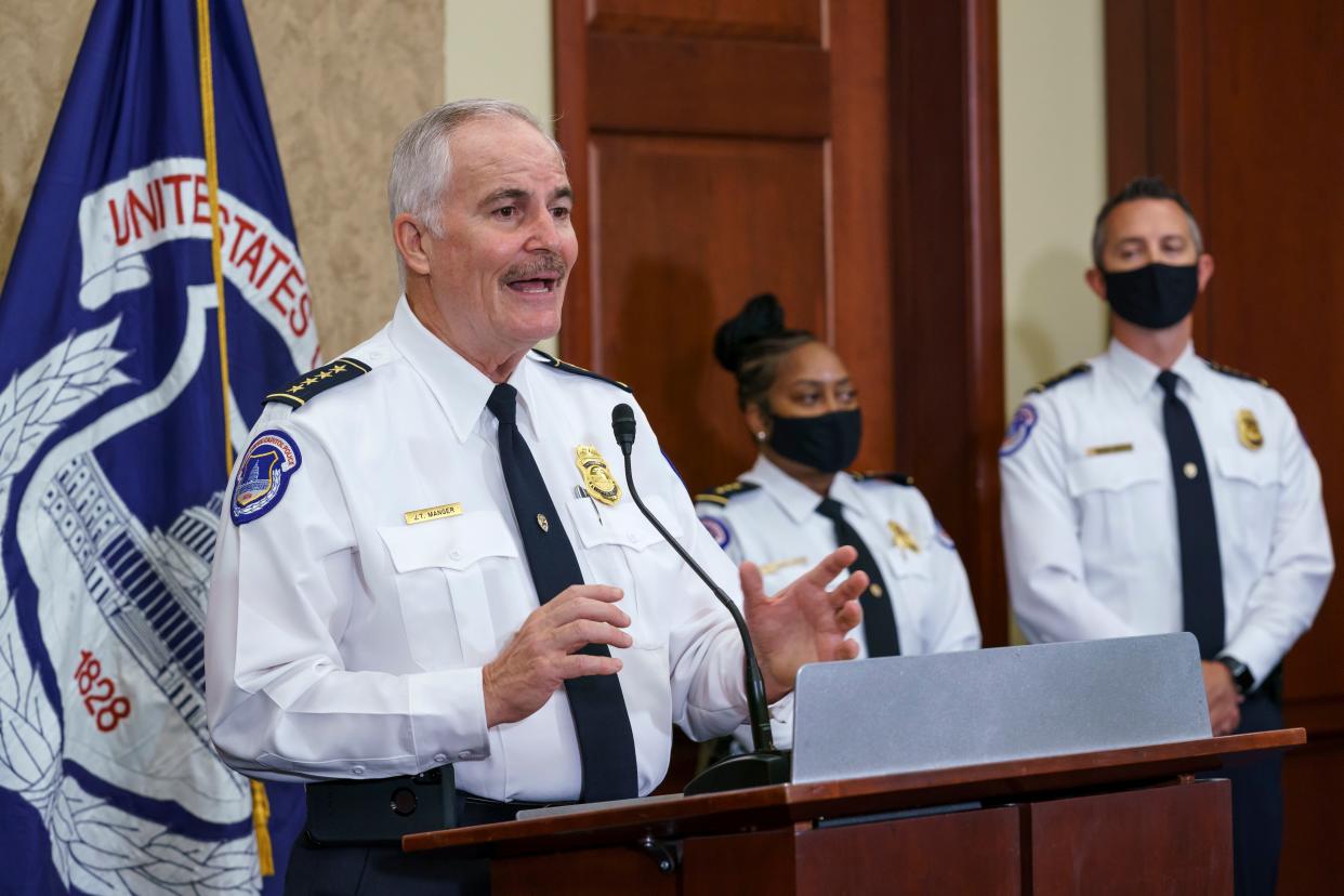 From left, U.S. Capitol Police Chief Tom Manger, Assistant Chief for Protective and Intelligence Operations Yogananda Pittman, and Acting Assistant Chief for Uniformed Operations Sean Gallagher, meet with reporters to discuss preparations for a weekend rally planned by allies of Donald Trump who support the so-called "political prisoners" of the Jan. 6 attack on the Capitol, Friday, Sept. 17, 2021, in Washington, D.C.