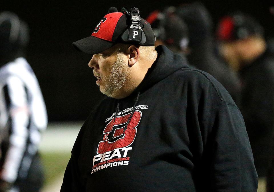 Crestview High School's head coach Steve Haverdill on the sideline against Columbia High School during their OHSAA Division VI regional semifinal high school football game at Medina High School's Ken Dukes Stadium Saturday, Nov. 12, 2022. TOM E. PUSKAR/ASHLAND TIMES-GAZETTE