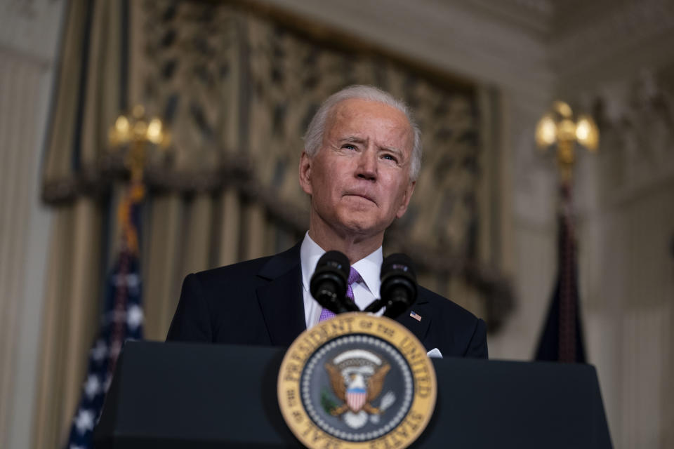 WASHINGTON, DC - JANUARY 26: U.S. President Joe Biden speaks about his racial equity agenda in the State Dining Room of the White House on January 26, 2021 in Washington, DC. President Biden signed executive actions Tuesday on housing and justice reforms, including a directive to the Department of Justice to end its use of private prisons. (Photo by Doug Mills-Pool/Getty Images)