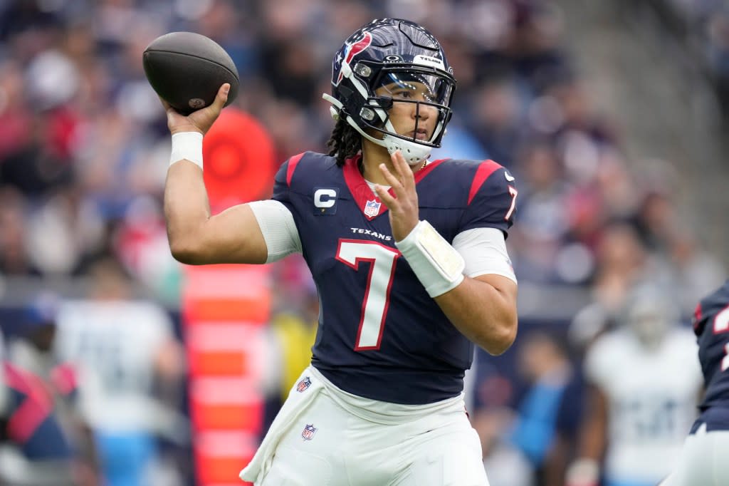 Houston Texans quarterback C.J. Stroud (7) looks to throw a pass during the first half of an NFL football game against the Tennessee Titans, Sunday, Dec. 31, 2023, in Houston. (AP Photo/Eric Christian Smith)