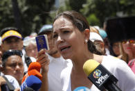 <p>Venezuelan opposition leader Maria Corina Machado makes declarations as the Constituent Assembly election was being carried out in Caracas, Venezuela, July 30, 2017. (Carlos Garcia Rawlins/Reuters) </p>