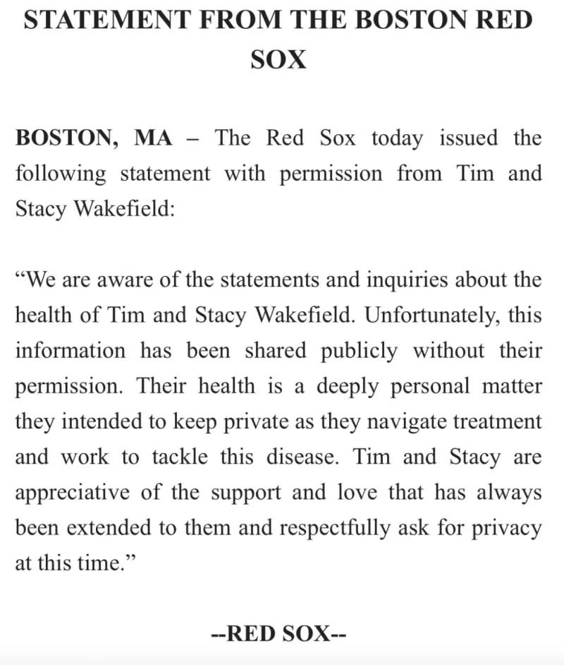 ▲波士頓紅襪球團對於Tim Wakefield罹癌資訊遭爆出，於29日發出聲明稿。（圖／取自紅襪隊推特）
