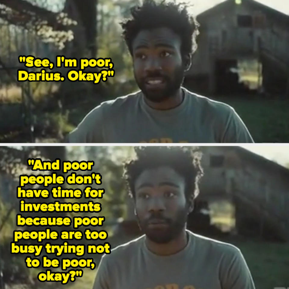 Two captions from the show "Atlanta" featuring the character Darius saying, "See, I'm poor, Darius. Okay?" and "And poor people don't have time for investments because poor people are too busy trying not to be poor, okay?"