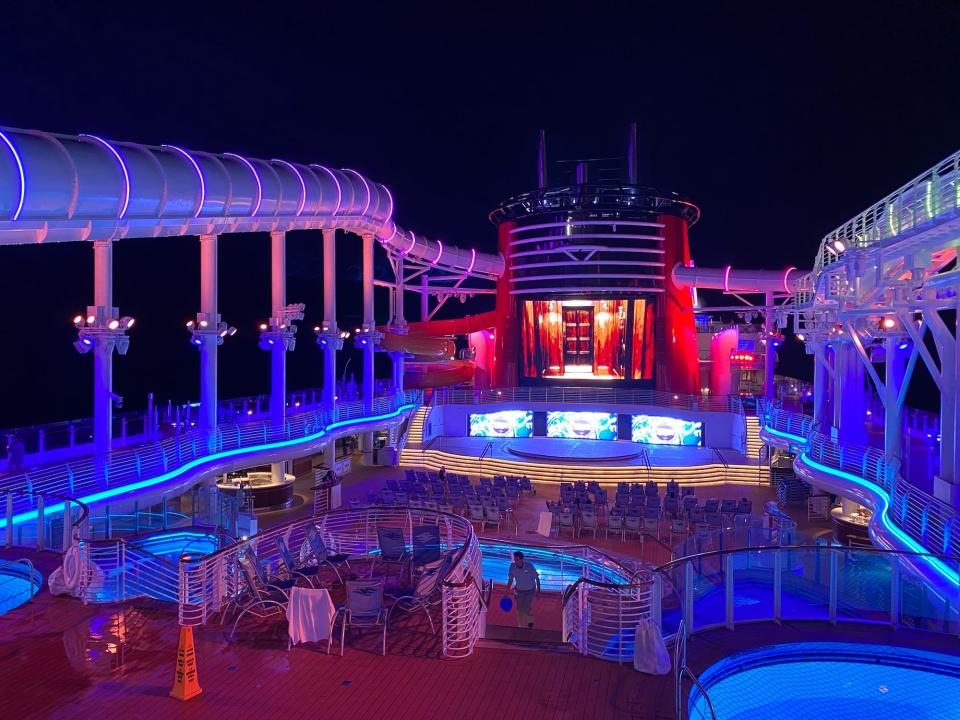 Pools onboard the Disney Wish cruise ship.