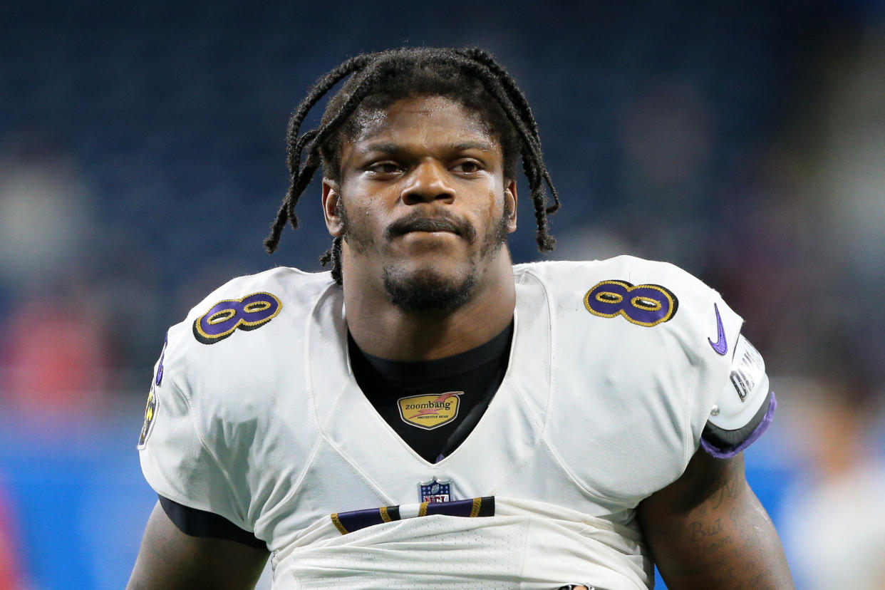 Baltimore Ravens quarterback Lamar Jackson (8) walks off the field after the conclusion of an NFL football game against the Detroit Lions in Detroit, Michigan USA, on Sunday, September 26, 2021. (Photo by Jorge Lemus/NurPhoto via Getty Images)