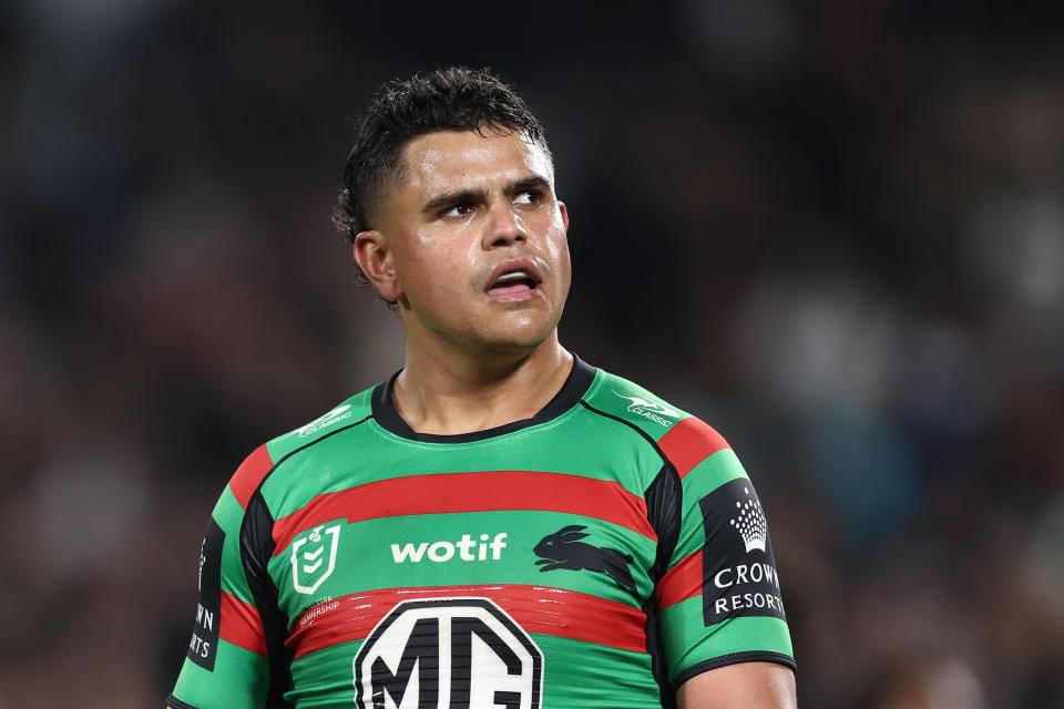 Pictured here, Rabbitohs fullback Latrell Mitchell looking on after the preliminary final loss against Penrith. 