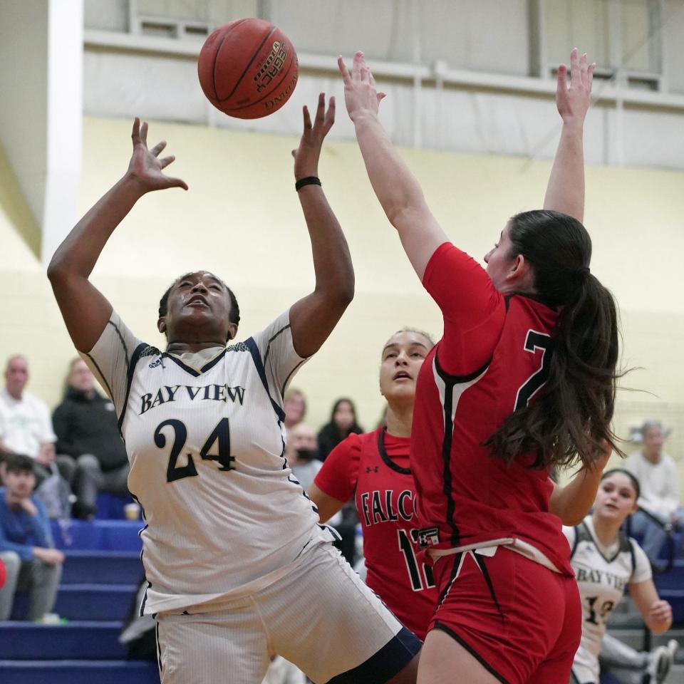 Bay View's Qiana Sumner goes up for an offensive rebound during the fourth quarter of Friday's win over Cranston West.