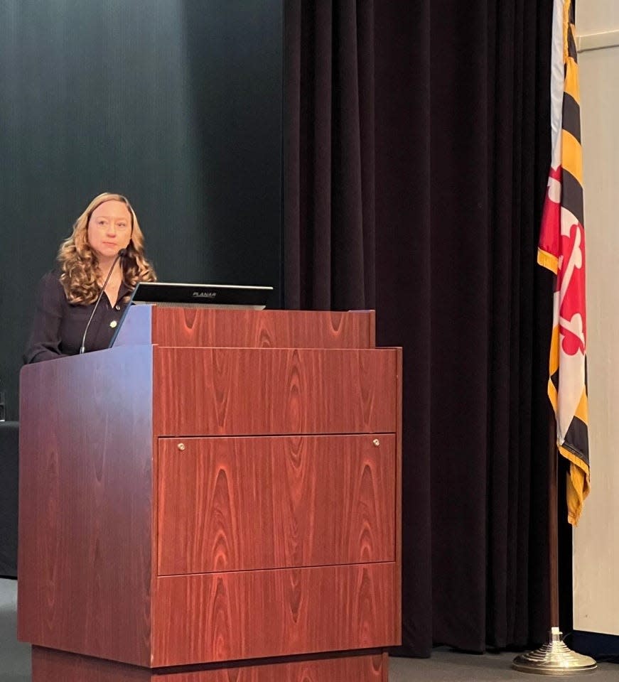 In this file photo, Maryland Motor Vehicle Administrator Chrissy Nizer speaks at the Highway Safety Summit in Linthicum Heights, Maryland on April 12, 2023. Nizer said the administration is considering connected vehicle technologies to help drive down traffic fatalities.