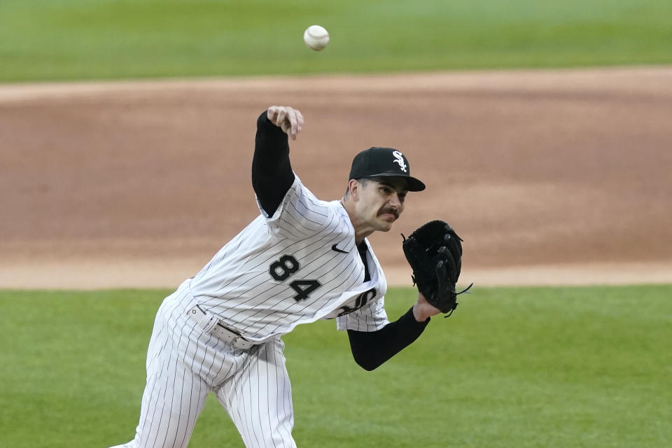 Chicago White Sox starting pitcher Dylan Cease delivers during the first inning of a baseball game against the Boston Red Sox Tuesday, May 24, 2022, in Chicago. (AP Photo/Charles Rex Arbogast)