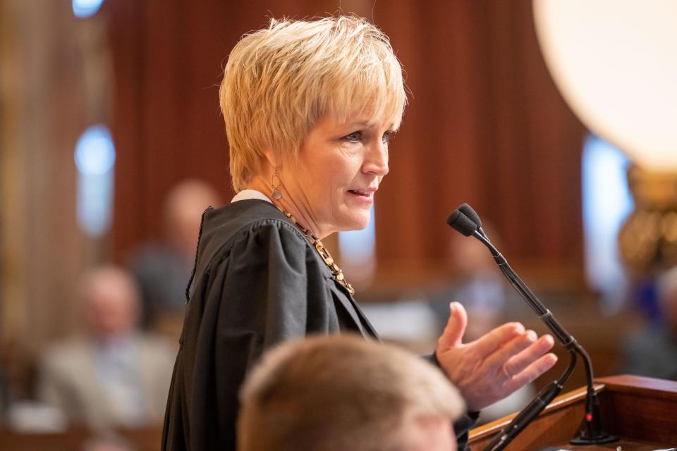 Iowa Supreme Court Chief Justice Susan Christensen gives the Condition of the Judiciary to a joint session at the Iowa State Capitol, Wednesday, Jan. 11, 2023.