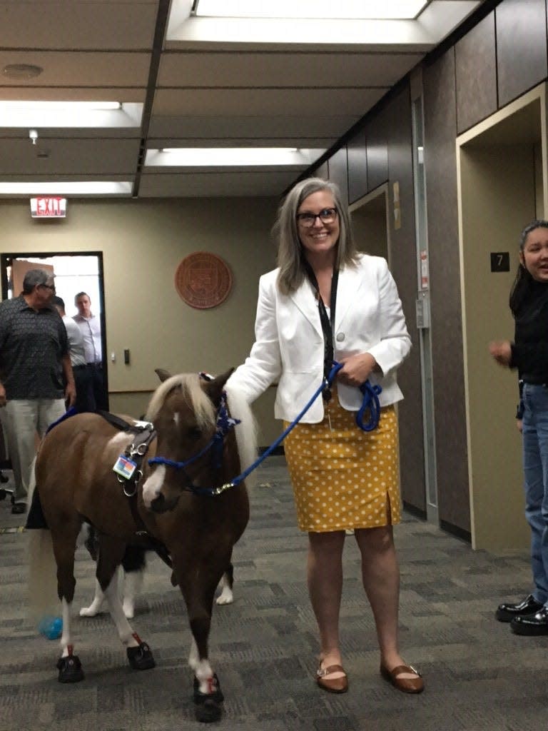 Secretary of State Katie Hobbs poses with a mini pony on primary election day, Aug. 2, 2022.