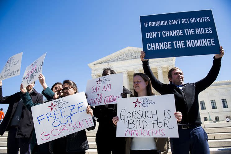 People for the American Way protest in front of the Supreme Court Building.