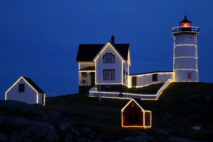 The Nubble Lighthouse in York is decked out for Christmas.