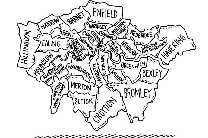 Hand-drawn vector drawing of a Map of the Boroughs Of London. Black-and-White sketch on a transparent background (.eps-file). Included files are EPS (v10) and Hi-Res JPG. It is black and white with informal, fun writing