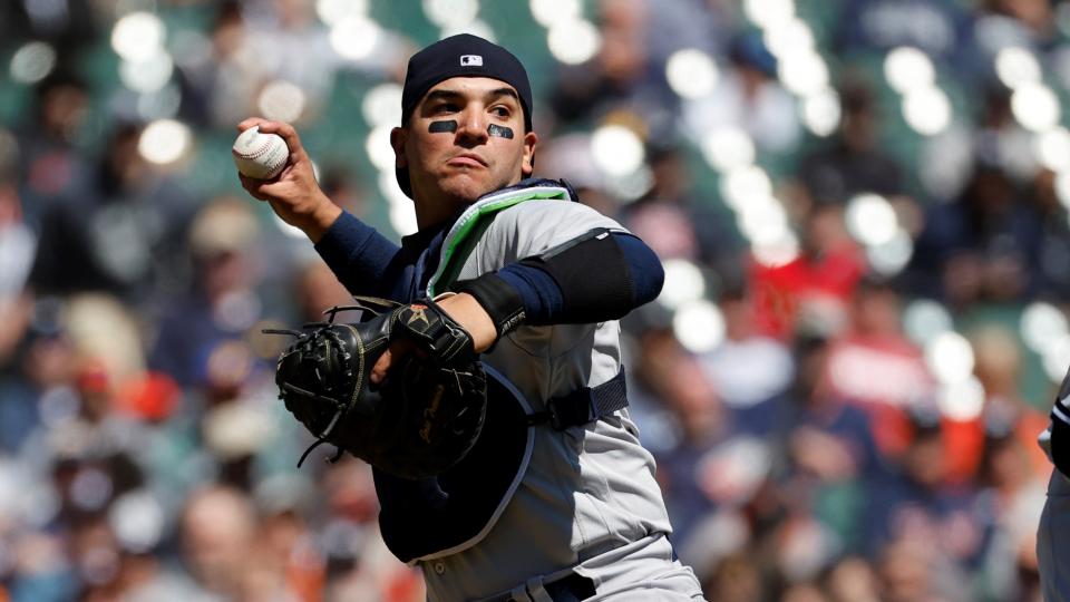 Apr 21, 2022; Detroit, Michigan, USA; New York Yankees catcher Jose Trevino (39) makes a throw to first in the fifth inning against the Detroit Tigers at Comerica Park.