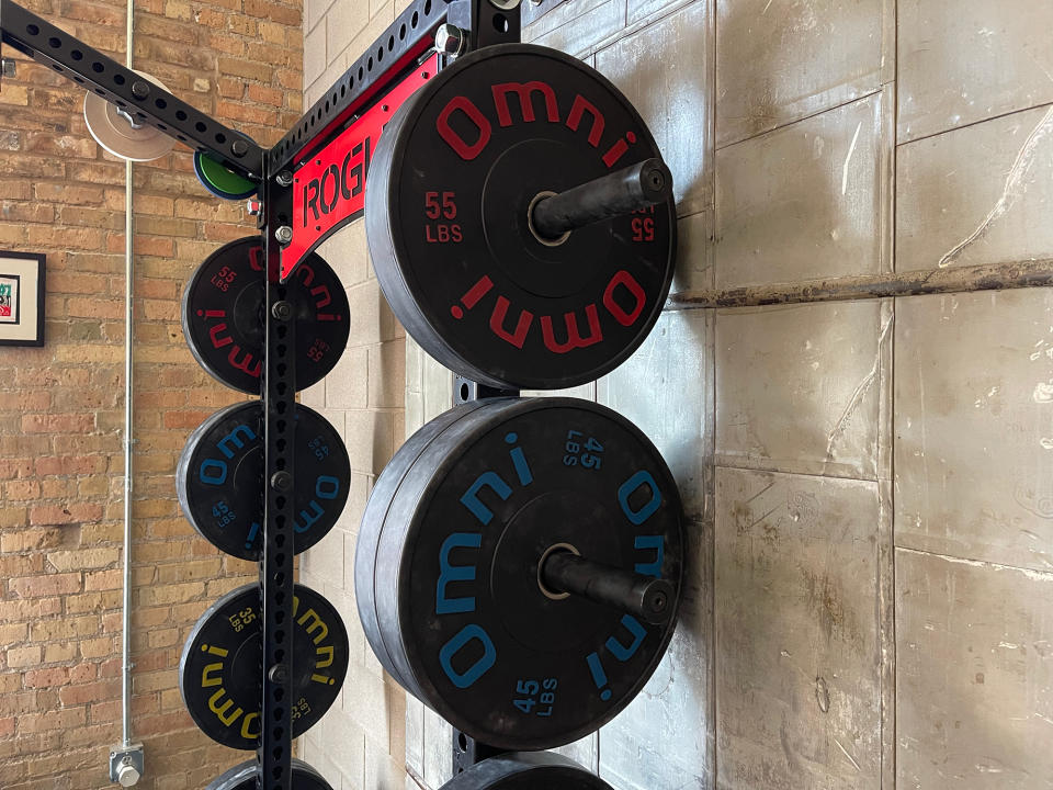 Omni weight plates on rack, weight plates, weight plate set