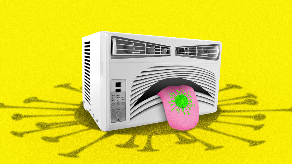 A photo illustration shows an air-conditioning unit, styled like a face, sticking its tongue out, with a big virus on top of the tongue.