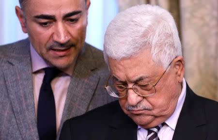 Palestinian President Mahmoud Abbas addresses reporters after a meeting with Belgian Prime Minister Charles Michel in Brussels, Belgium, February 9, 2017. REUTERS/Yves Herman