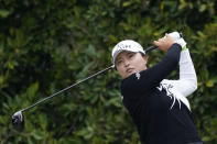 Jin Young Ko tees off at the second hole during the second round of the LPGA's Hugel-Air Premia LA Open golf tournament at Wilshire Country Club Thursday, April 22, 2021, in Los Angeles. (AP Photo/Ashley Landis)