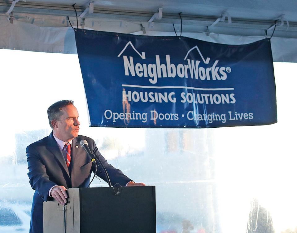 Rob Corley, CEO of NeighborWorks, talks about the years it took to get the project approved as ground is broken for an 18-unit NeighborWorks development on Winter Street in Quincy on Tuesday, Nov. 30, 2021. The housing will benefit the homeless and people at risk of becoming homeless.