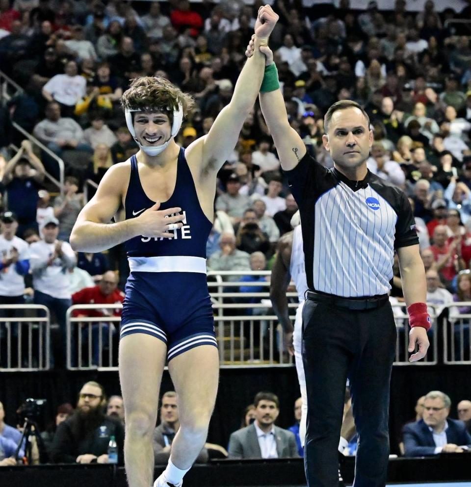 Penn State’s Levi Haines smiles Saturday night after earning his first national title, at 157 pounds, at the T-Mobile Center in Kansas City, Mo. Haines defeated Arizona State’s Jacori Teemer by a 5-0 decision.