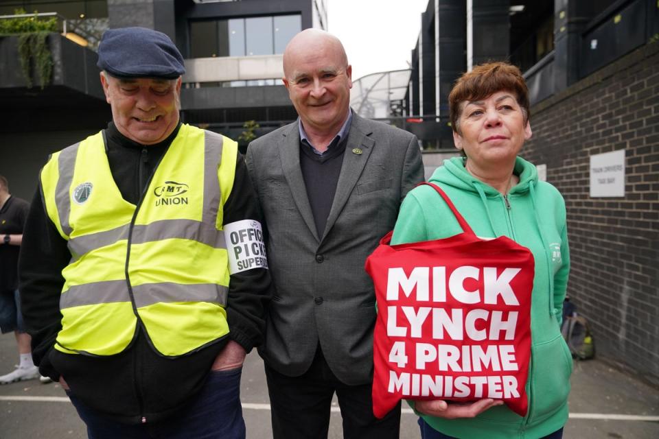 RMT general secretary Mick Lynch (centre) joins members of his union on the picket line outside Euston station (Yui Mok/PA) (PA Wire)