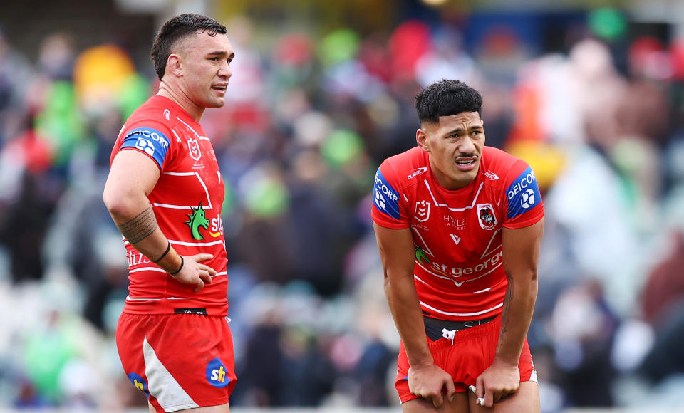 Jaydn Su'A and Talatau Amone, pictured here after the Dragons' loss to the Raiders.