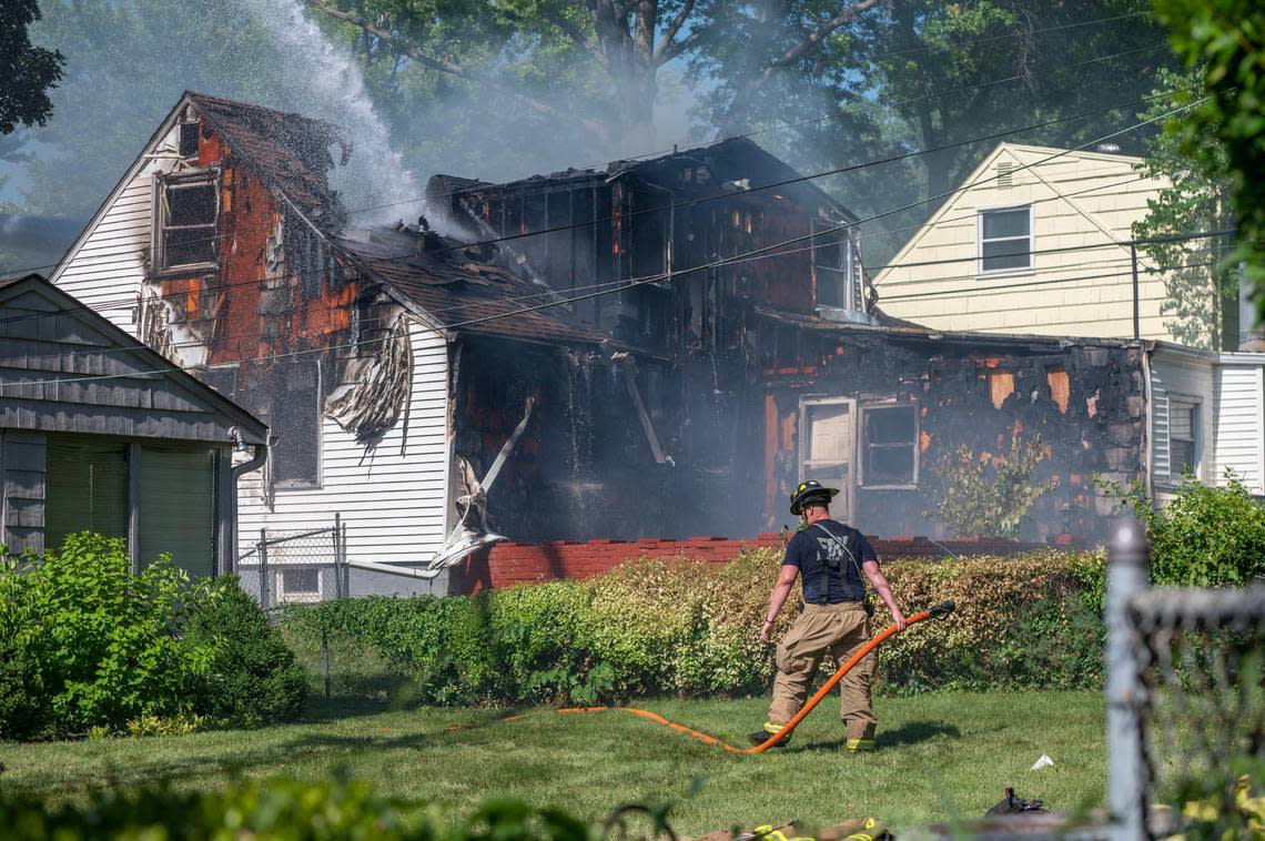 Heavy smoke and fire was showing when firefighters arrived at a house fire in the 3400 block of West 73rd Terrace in Prairie Village on Tuesday.