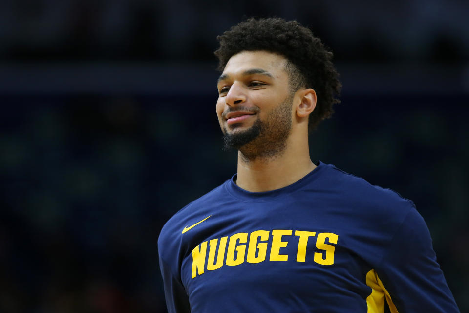 NEW ORLEANS, LOUISIANA - OCTOBER 31: Jamal Murray #27 of the Denver Nuggets reacts during a game against the New Orleans Pelicans at the Smoothie King Center on October 31, 2019 in New Orleans, Louisiana. NOTE TO USER: User expressly acknowledges and agrees that, by downloading and or using this Photograph, user is consenting to the terms and conditions of the Getty Images License Agreement.  (Photo by Jonathan Bachman/Getty Images)