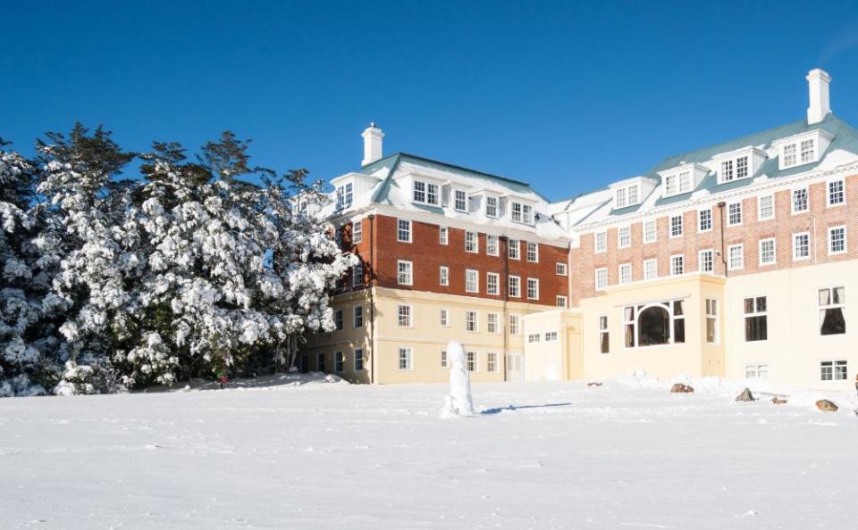 The Tongariro Chateau Hotel, built in 1920, in mid-winter.