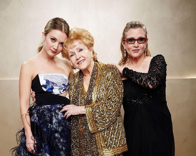 Next gen! Carrie's daughter Billie Lourd with her grandmother Debbie and mum Carrie. Source: Getty