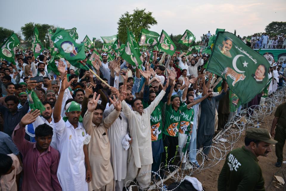 Supporters of Shabaz Sharif, the brother of ousted Pakistani Prime Minister Nawaz Sharif and the head of Pakistan Muslim League-Nawaz attend his campaign rally in Pindi Gheb, in the district of Attock, in the Punjab province, on July 19, 2018.